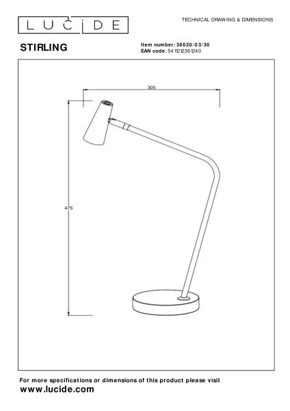 Lucide STIRLING - Lampe de bureau Rechargeable - Batterie/Piles - LED 3 StepDim - 1x3W 2700K - Noir - technique